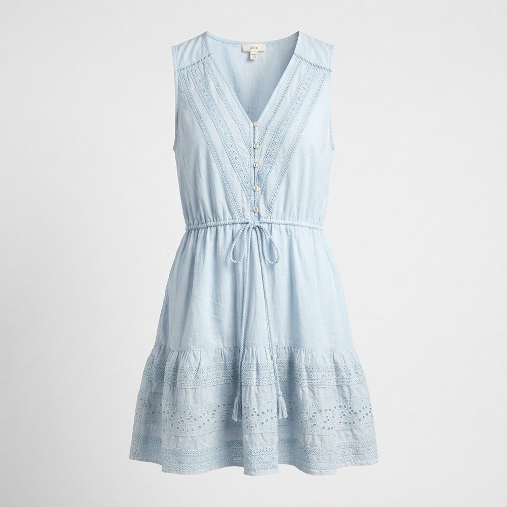 Joie Pastel Blue Eyelet Mini Dress Tiered Ruffle Sleeveless L Romantic Feminine